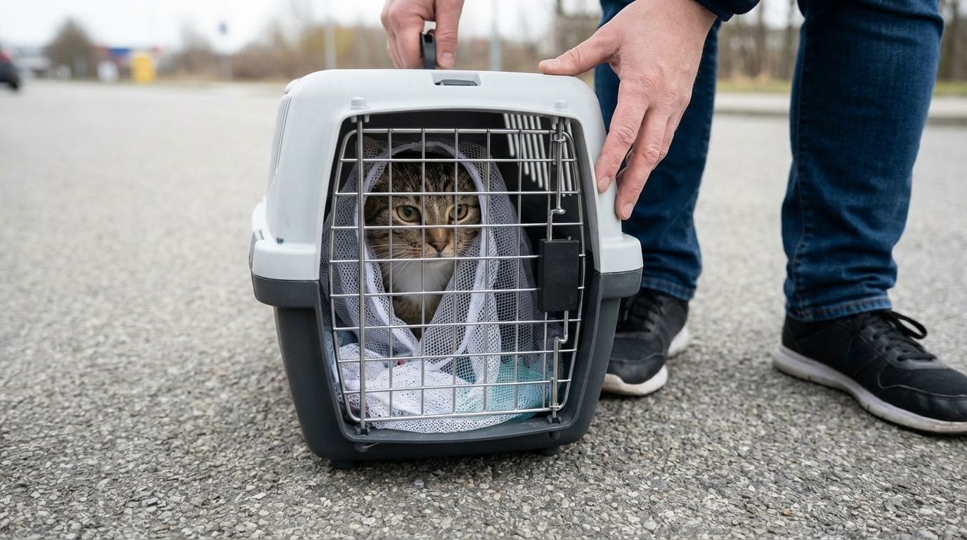 洗濯ネットに入れてキャリーケースに収めた猫