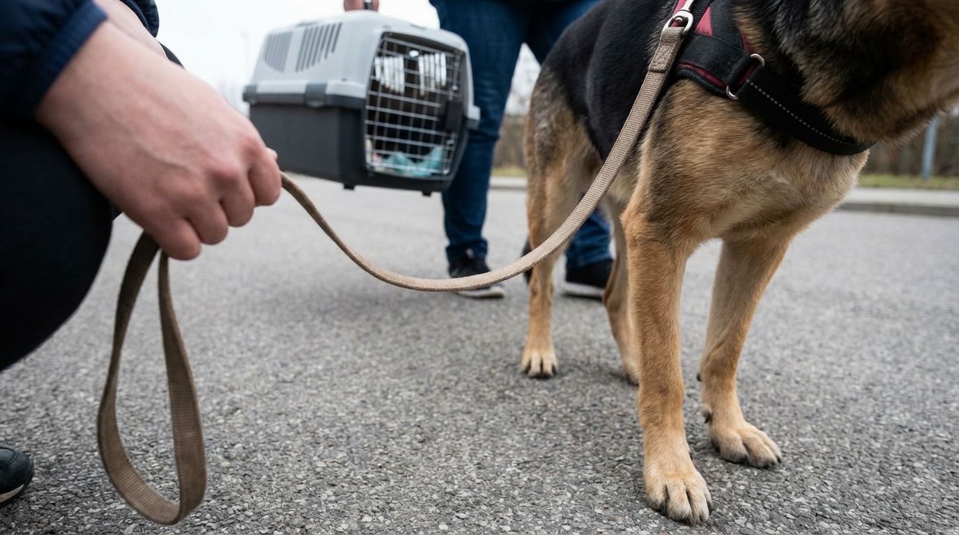 リードをつけた犬とキャリーケースを持った飼い主